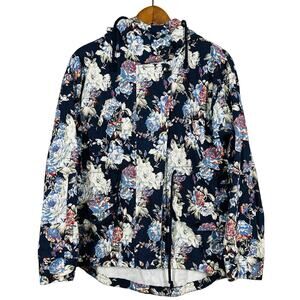 Margot Floral Jacket Light Denim Hood Blue Pockets High Collar - XS